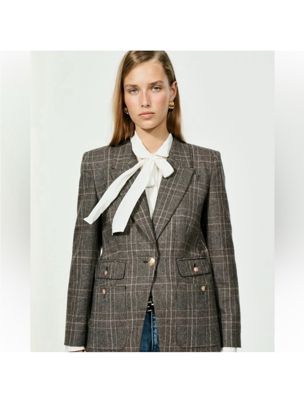 J. Crew Gray Plaid Tailored Blazer with Gold Buttons Size 12 Petite